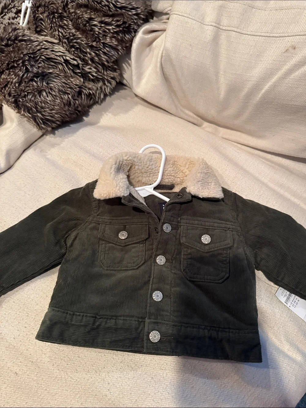 GAP Olive Green Corduroy Jacket with Cream Sherpa Collar
